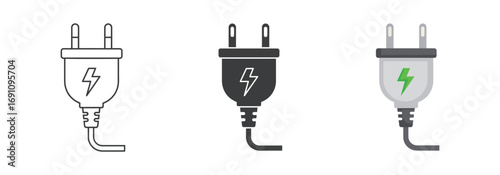 Vector art of set of three electrical plugs with lightning bolt symbol