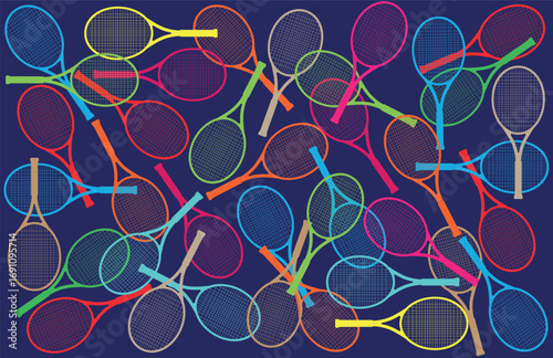 Colorful tennis rackets forming dynamic pattern on blue background
