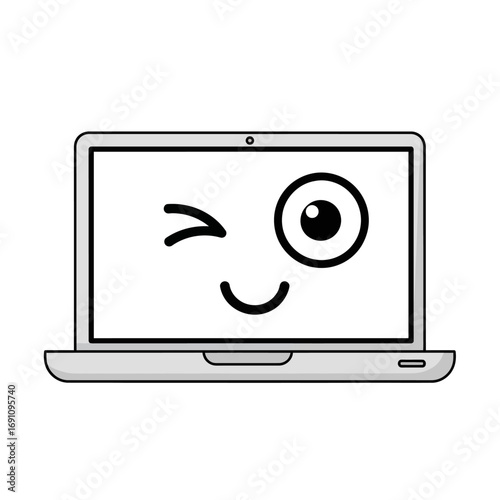 Cartoon laptop with a winking face and a smiling mouth isolated on a white background illustration
