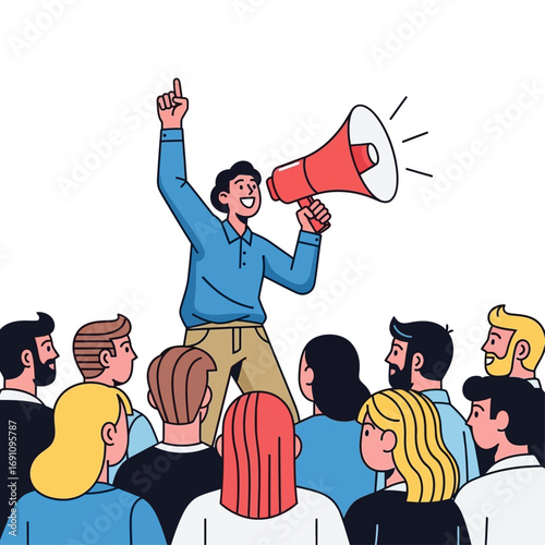Man speaking into a megaphone with his arm raised to a crowd of people in an illustration format