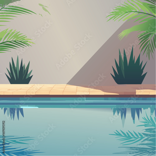 serene poolside scene with tropical plants casting shadows on a concrete wall
