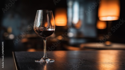 Glass of red wine elegantly placed on a dark wooden table, reflecting warm ambient light.