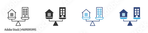 balance buildings equilibrium icon set in outline and flat style , vector illustration. 