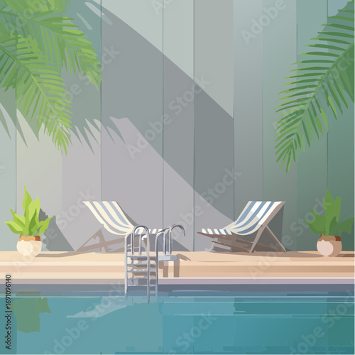 serene poolside scene with tropical plants casting shadows on a concrete wall