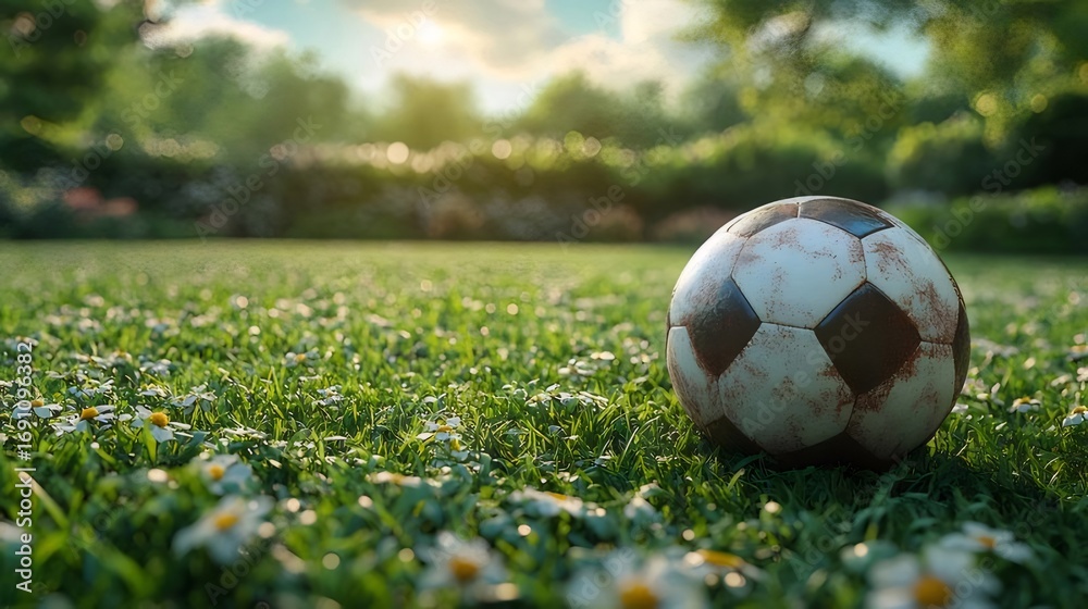 Fototapeta premium サッカーボールとヒナギクのある緑の芝生のフィールドのローアングルショットの背景がぼやけています