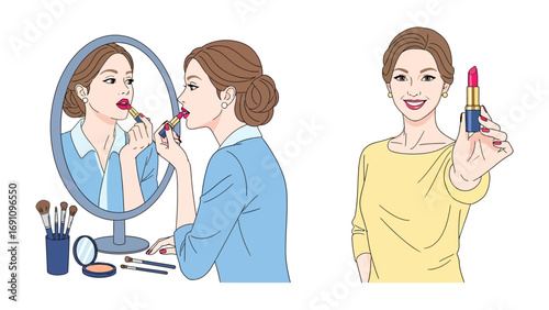 Two women in business attire examining perfume bottles while a man in a tuxedo stands behind a table of fragrances