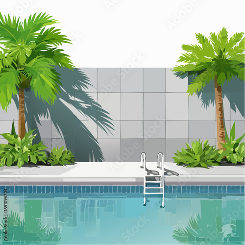 serene poolside scene with tropical plants casting shadows on a concrete wall