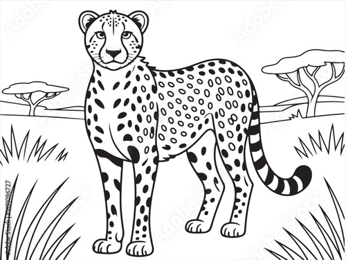 Black and white illustration of a cheetah standing tall in the grass, showcasing its sleek body