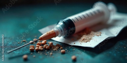 Close-up shot of a syringe and a baggie of heroin, depicting the harsh realities of opioid addiction A stark warning against substance abuse , harm, despair