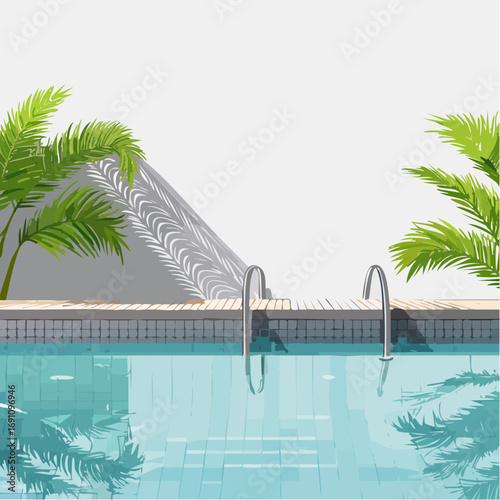 serene poolside scene with tropical plants casting shadows on a concrete wall