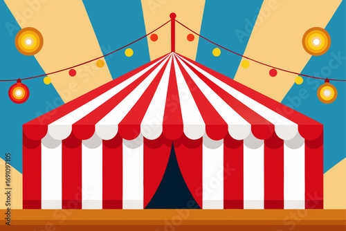 a lively carnival backdrop with red and white stri