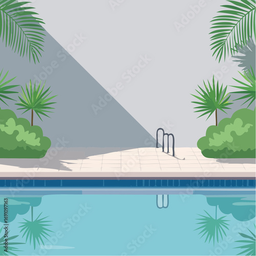 serene poolside scene with tropical plants casting shadows on a concrete wall