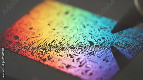 Close-up of a pen tracing over a vibrant, rainbow-colored microchip design on a smooth surface