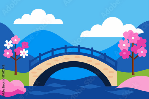 Illustration of a bridge with cherry blossom trees