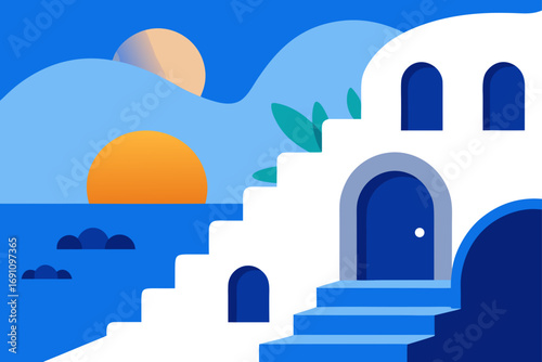Santorini building with sea and sun illustration