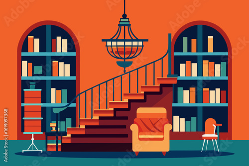 Interior view of a room with stairs and bookshelves