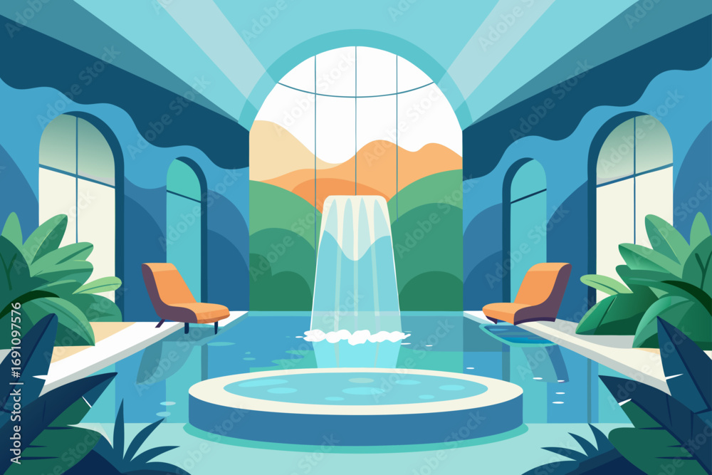 Fototapeta premium Indoor pool with fountain and lounge chairs vector