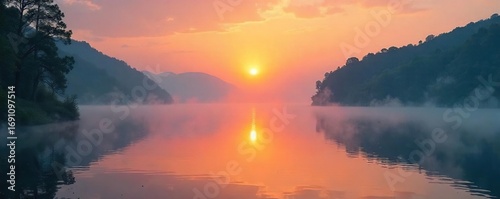 Serene sunrise over a tranquil lake, mist rising, gentle light illuminating the scene Perfect for themes of peace, mindfulness, and spiritual awakening , meditation, golden hour