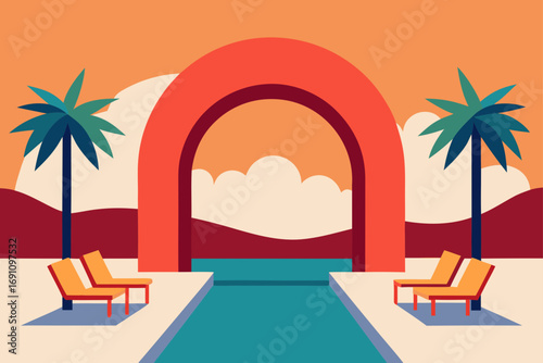 Poolside resort scene with arch and palm trees view