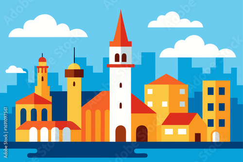 Cityscape with buildings towers and clouds in daytime