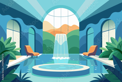 Indoor pool with fountain and lounge chairs vector