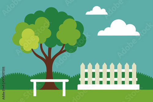 Illustration of a park with tree bench and fence
