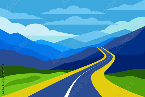 Winding road through mountains under a cloudy sky