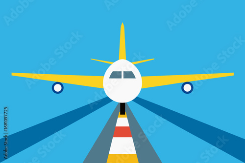 Yellow airplane on a runway against a blue background