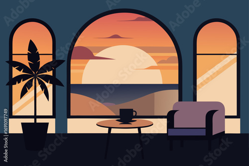 Sunset view from a room with a palm and armchair