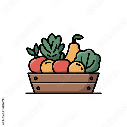 A bountiful harvest of fruits and vegetables overflowing from a wooden crate icon