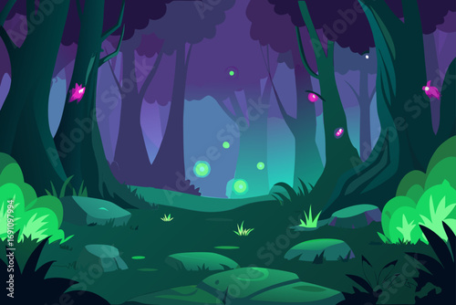 a mystical enchanted forest backdrop with deep gre