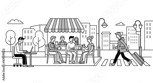 Contemporary lifestyle illustration remote work, outdoor cafe chats, and urban travel. High-res vector art with a minimalist aesthetic for engaging content.