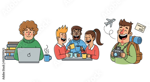Daily life in a cheerful cartoon style remote work, social coffee breaks, and travel photography. Bold, clean line art for a fun, relatable aesthetic.