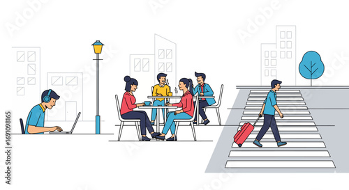 Daily city life in vector a home office worker, friends enjoying coffee, and a traveler with luggage. Bold, sharp outlines for modern design and blogs.