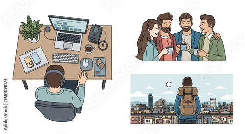 Daily life vector art remote work desk, friends laughing over coffee, solo traveler city view. Clean, flat design for modern lifestyle themes & content.