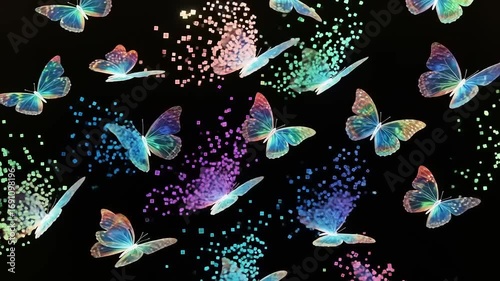 Colorful butterflies fluttering against a dark background, creating a vibrant and dynamic visual effect