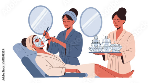 Professional spa technicians performing beauty treatments with wax warmer and skincare products for a relaxed client wearing a towel