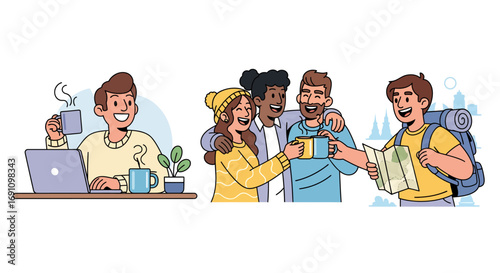 Playful vector cartoon of modern daily life a smiling person with coffee, friends clinking mugs, and a traveler exploring. Fun, relatable, and scalable.