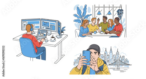 Stylish vector line art of city lifestyle, high resolution, white background. Depictions remote worker with dual screens, group laughing in modern coffee shop, solo traveler capturing skyline.