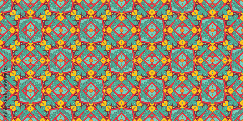 Seamless pattern with traditional Indian floral ornament for fabric swatch or wrapping paper. Vector abstract kaleidoscopic background