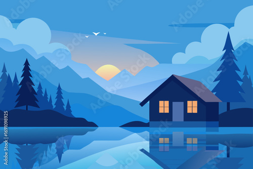 a peaceful lakeside cabin at dawn  mist rising off