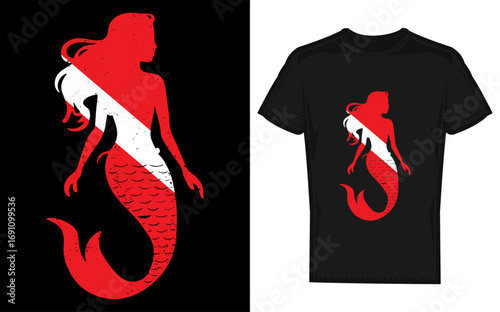 Silhouette of a mermaid diver with a diver down flag symbolizing underwater exploration and scuba diving adventures in the ocean