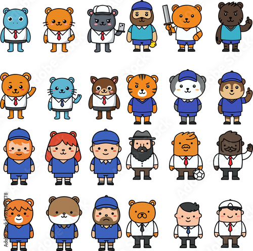 A large set of diverse cartoon avatar icons featuring cute animals and people in different professional and casual outfits