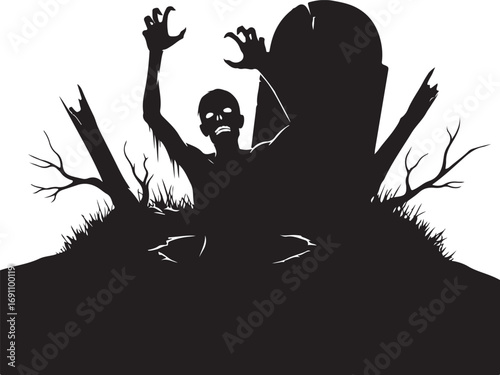 PrintZombie Rising Silhouette Horror Graveyard Vector for Halloween & Gothic Art