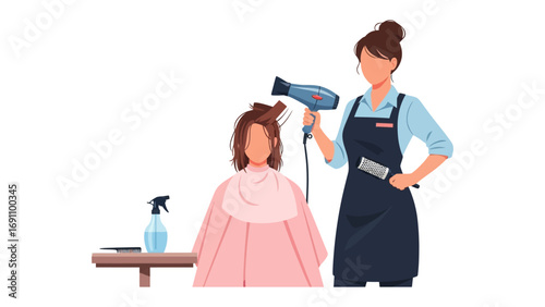 Stylist with hairdryer and comb styling client s hair in salon with a spray bottle on a table clean line art illustration