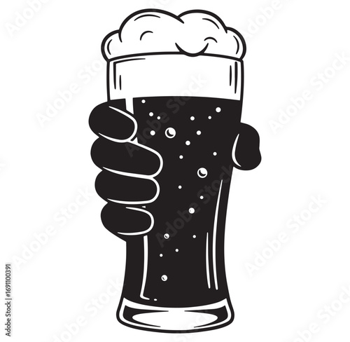 Hand holding a tall glass of frothy beer in a classic black and white illustration