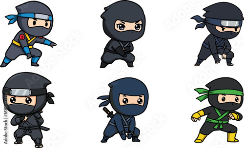 A dynamic collection of six cute chibi ninja characters, showcasing various stealth and combat poses for a playful martial arts theme