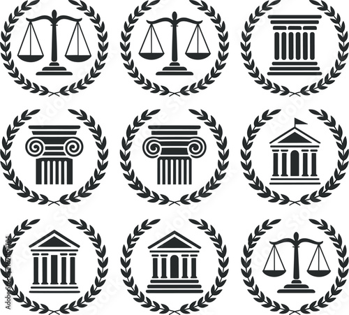 Black vector illustration of justice scales, law pillars, courthouse buildings, and laurel wreath symbols representing legal, government, and authority