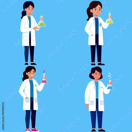 Set of diverse female scientists in lab coats conducting experiments. Concept of women in STEM, research, and scientific discovery