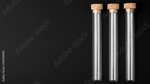 Three glass tubes with cork stoppers, arranged in a row against a black background.